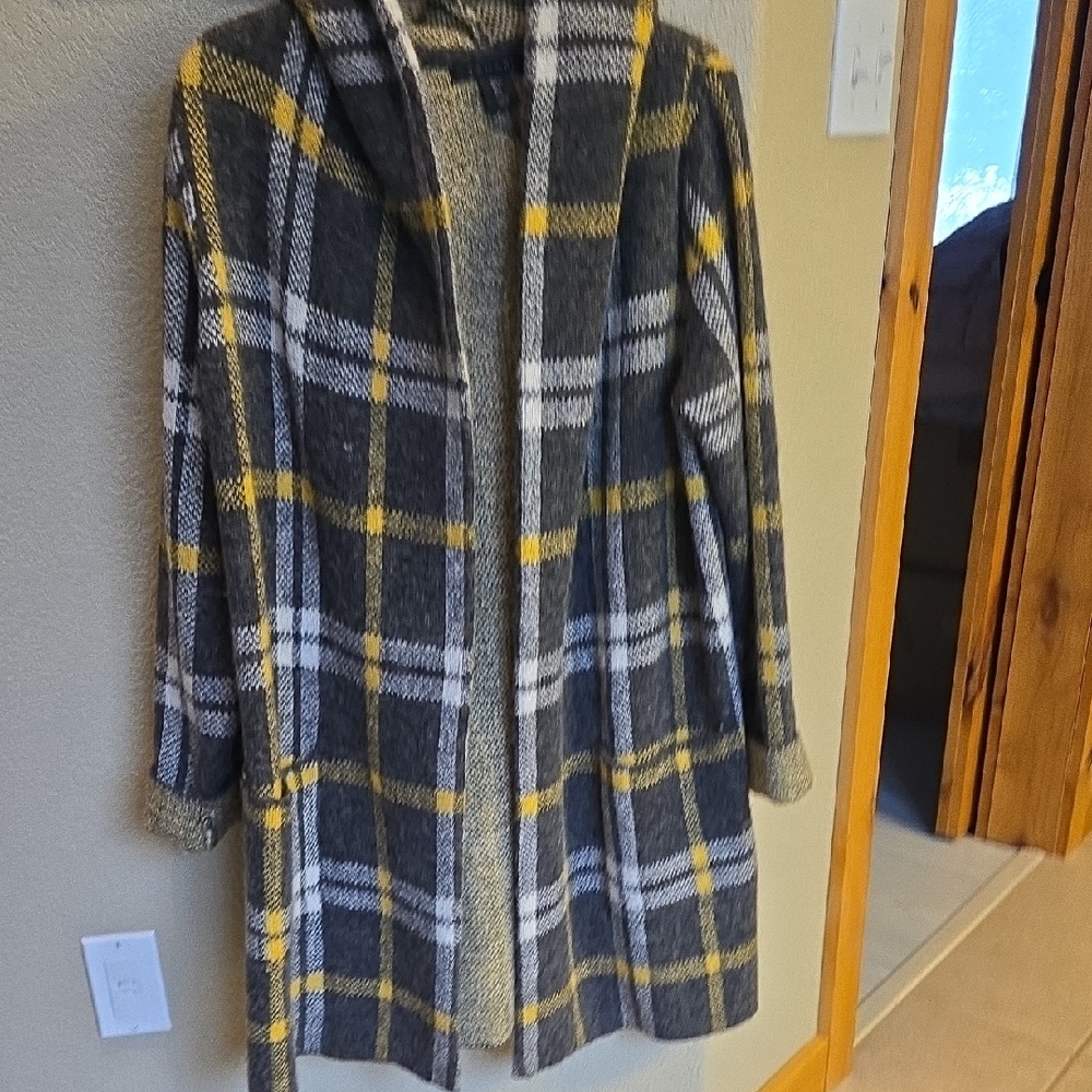 Tahari Plaid Trench Coat - Yellow and Gray